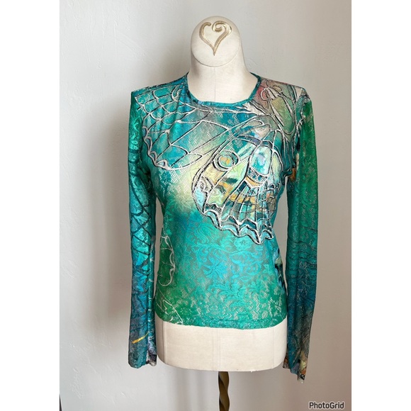 SIEDRES Tops - Siedres Butterfly Long Sleeve Semi Sheer Lace Top XS Green Blue